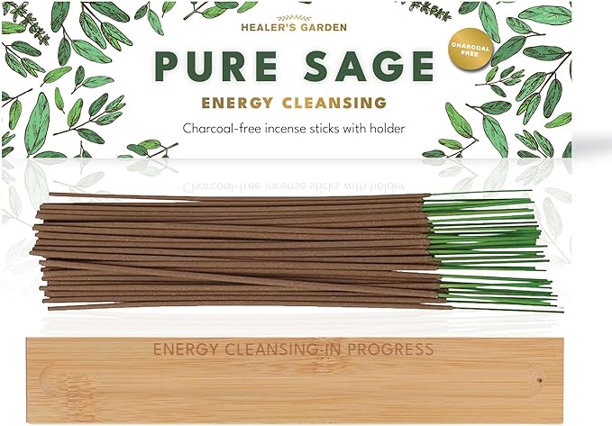 Premium Sage Incense Sticks with Energy Cleansing Engraved Wood Holder - Charcoal Free, Clean, Non Toxic - Negative Energy Protection, Purification - New Home Spiritual Smudging Incenses, 30 Sticks - Bloomnest