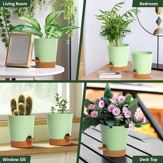 4 inch Small Plant Pots for Outdoor Indoor Plants, 5 Pack Planters with Drainage Holes and Tray, Small Self Watering Pots for Succulent,Cactus, Aloe and Other Plants (Green) - Bloomnest