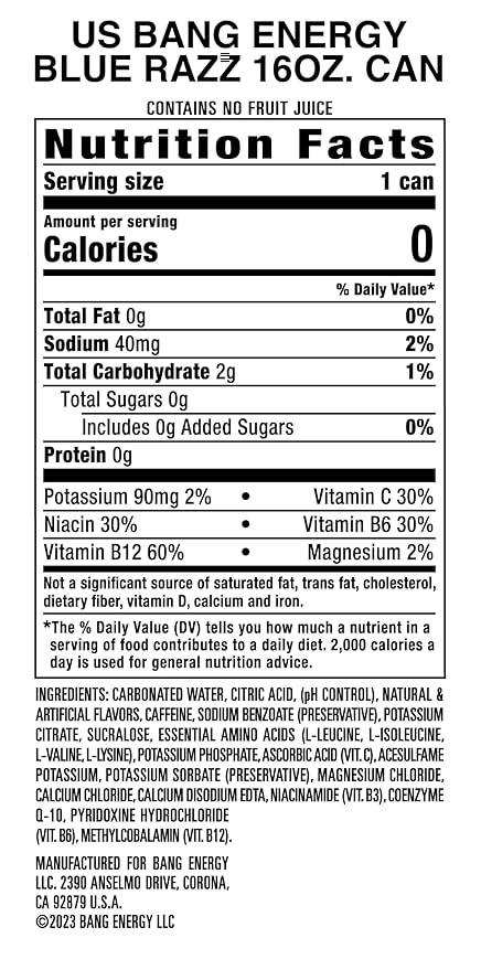 Bang Energy Blue Razz, Sugar-Free Energy Drink, 16-Ounce (Pack of 12) - Bloomnest