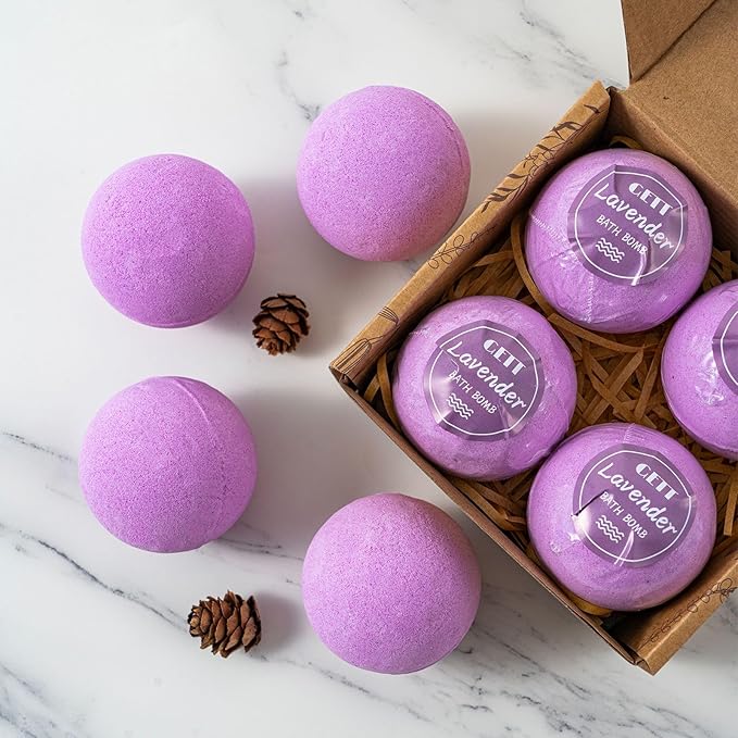 GETT Lavender Bath Bombs 4-pcs, Individually Wrapped Bath Bombs for Men & Women, Luxury Gift Set with Vegan and Essential Oils, Relaxing and Moisturizing Bubble Bath, Organic Bath Essentials for All