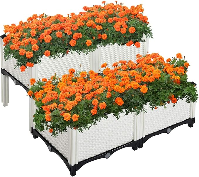 S AFSTAR Raised Garden Bed Kit Set of 4, Elevated Planter Boxes with Self-Watering Design & Removable Legs, Outdoor Plastic Planter Box for Patio Yard Balcony Gardening, Rattan Pattern (White) - Bloomnest