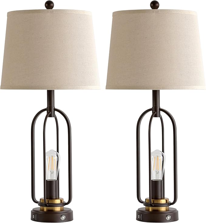 Farmhouse Table Lamps for Living Room Set of 2, 28.5" Tall Rustic Table Lamps with USB Ports, 3-Way Dimmable Vintage Bedside Lamps for Bedroom Nightstand, Bulbs - Bloomnest
