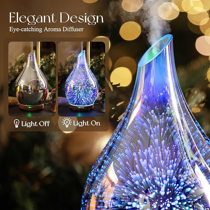 Porseme Essential Oil Diffuser 280ml Aromatherapy Ultrasonic Oil Diffusers 3D Glass Cool Mist Humidifier, Air Refresh Auto Shut-Off, Timer Setting, BPA Free for Home Hotel Yoga Leisure SPA Gift - Bloomnest