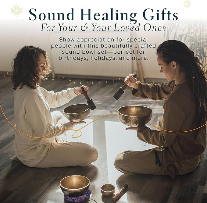Tibetan Singing Bowl Set of 7, Handmade Singing Bowl for Meditation & Holistic Healing, Yoga Accessories, 3-5” Brass Singing Bowls with Wooden Striker, Cushion & Gold Carry Box - Bloomnest