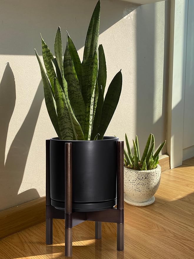 D'vine Dev Ceramic Planter with Walnut Color Stand - 10 Inch Modern Round Flower Pot with Wood Planter Holder, Black, 55-B-X-2 - Bloomnest