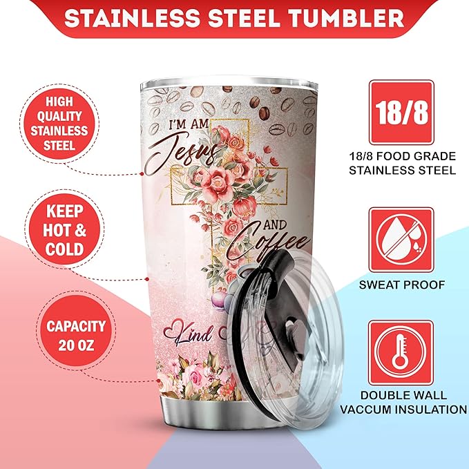 With Jesus In Her Heart And Coffee In Her Hand Insulated Stainless Steel Tumbler Flower Floral Christian Coffee Cup 20oz God Jesus Gifts For Women Religious Mug With Lid - Bloomnest
