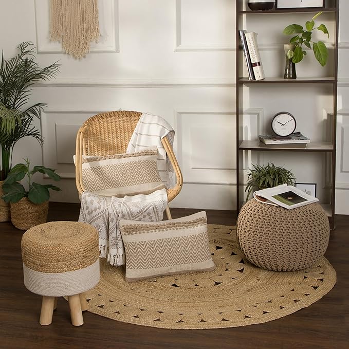 REDEARTH Round Pouf Ottoman - Hand Knitted Cable Boho Poof Home Décor Pouffe Circular Footrest for Living Room - Bedroom - Lounge - 100% Cotton (19.5"x19.5"x14") - Beige - Bloomnest