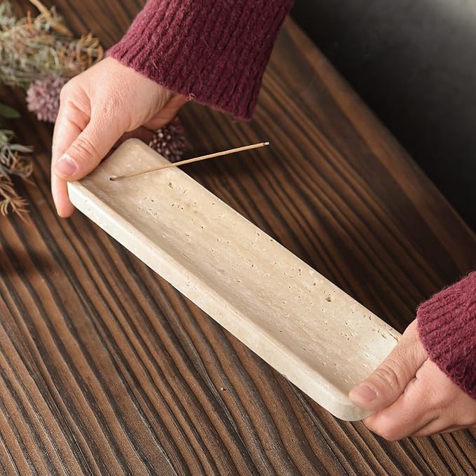 Koville Travertine Incense Holder, Incense Holder for Sticks, Long Incense Sticks Holder Ash Catcher for Meditation Yoga SPA, Natural Stone Incense Burner, Home Table Decor(Beige) - Bloomnest