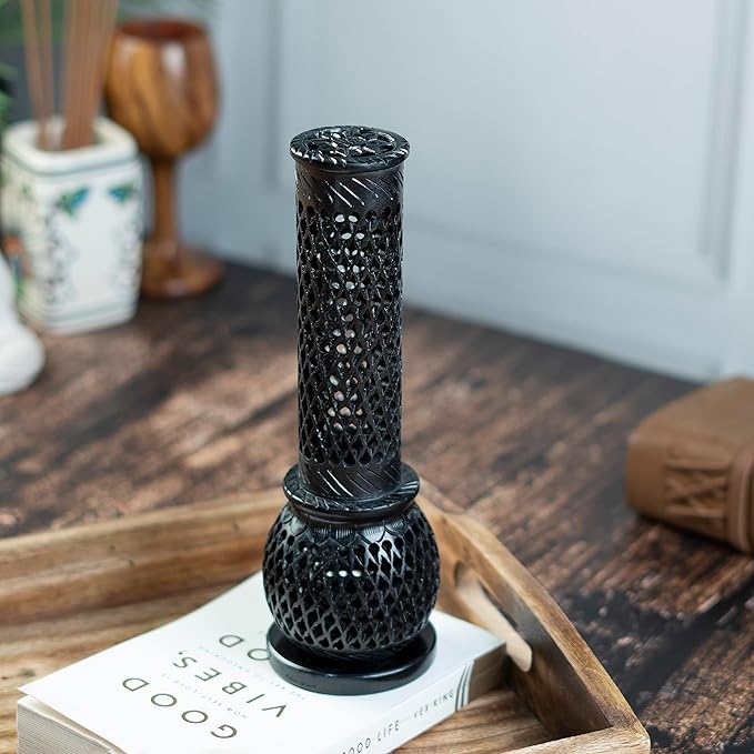 Crocon Handmade Black Marble Soapstone Incense Stick Burner Round Shape Jali and Handi Design Tower Burner | Candle Stick Holder | Decorative Home & Kitchen Best Gift Size - (2.7X2.7X9.4 Inch)