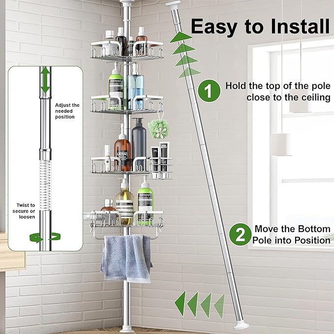 Corner Shower Caddy Tension Pole 4 Tier Adjustable Stainless Steel Shower Shelf for Inside Shower Bathtub Shampoo,Standing Bathroom Organizer Shelves with 39 to 113 inch Height - Bloomnest