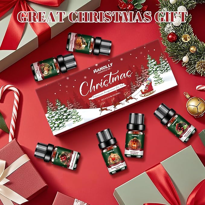 Christmas Fragrance Oil Set, 6 Premium Holiday Essential Oils for Diffuser, Candle Making - Caramel Pumpkin Swirl, Apple Cinnamon, Merry Berry Christmas, Christmas Fireplace Scented Oil Gift Set - Bloomnest