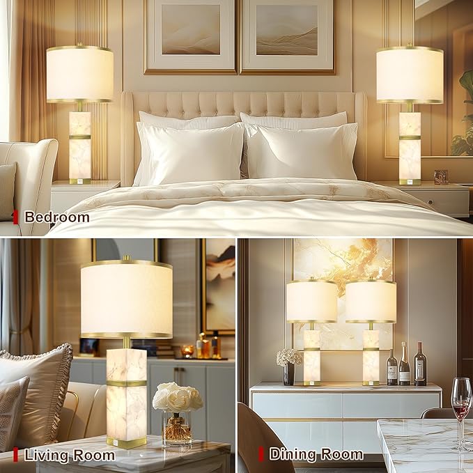 Natural Alabaster Table Lamps Set of 2 - Table Lamp with Night Light for Bedroom,Nightstand Lamps with USB Ports,Bedside Lamps with Linen Fabric Shade for Living Room,Bedroom,Office,Bar(Bulb Included) - Bloomnest