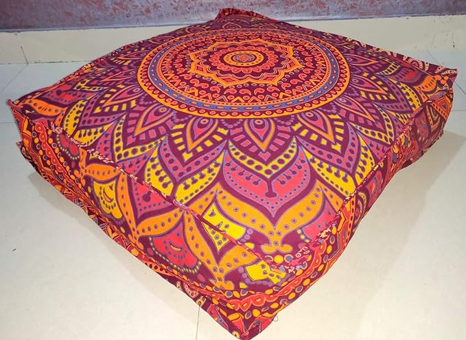 New Orange Ombre 24" Mandala Barmeri Large Floor Pillow Cover Cushion Meditation Seating Ottoman Throw Cover Hippie Decorative Zipped Bohemian Pouf Ottoman Pom Pom Cases 24 " square - Bloomnest