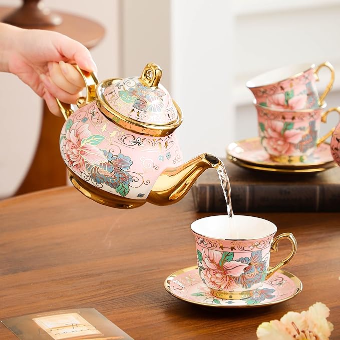 20 Pieces Porcelain Tea Set With Metal Holder, European Ceramic tea set for adults,Flower Tea Set,Tea Set For Women With Flower Painting (Large version, Pink) - Bloomnest