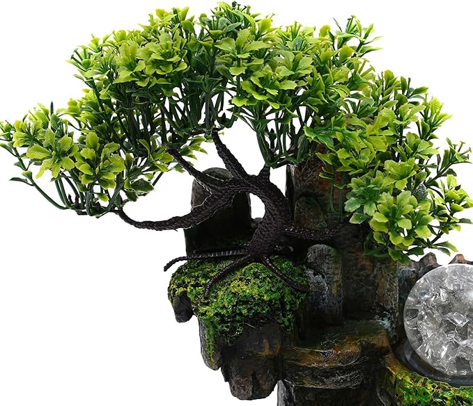 Indoor Water Fountain Desktop Waterfall Bonsai Tabletop Fountains with Color LED Light Atomizing Humidifier with Rockery Stream Plants for Home Office Bedroom (C) - Bloomnest
