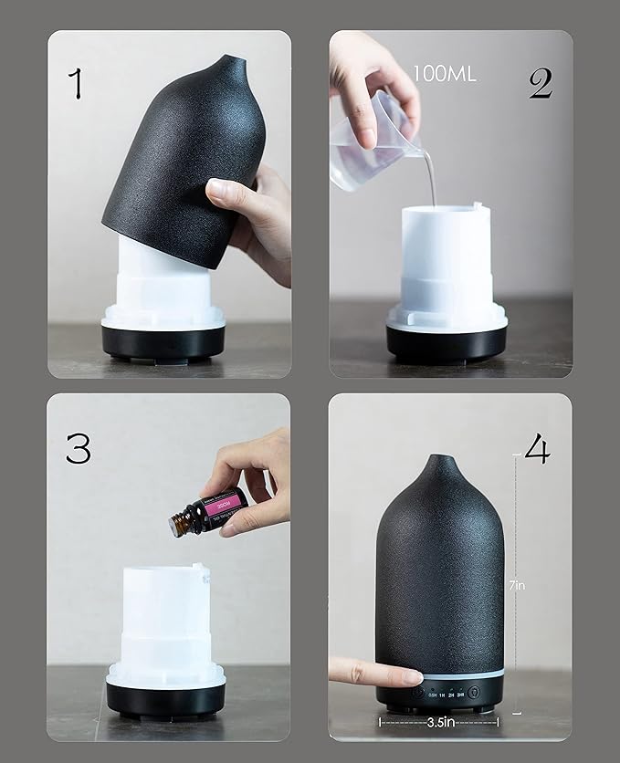 Essential Oil Diffuser,Handcrafted Ceramic Diffuser for Home,Ultrasonic Cool Mist Air Diffuser, 9 Colors Night Light with Timer (Black) - Bloomnest