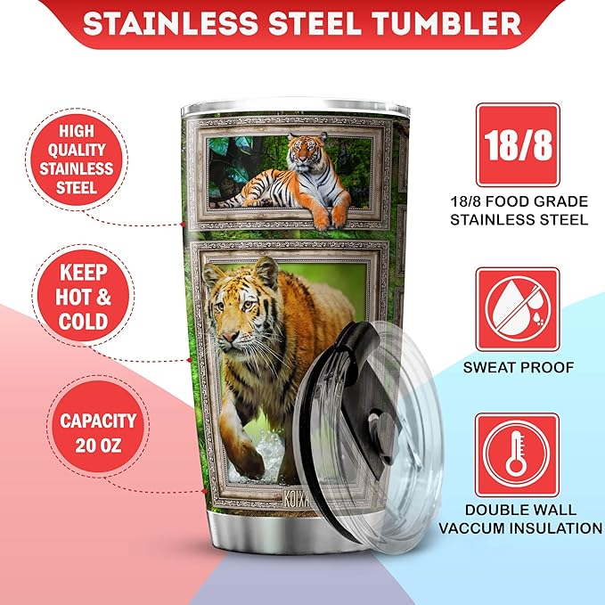Tiger Print Tumbler Wildlife Animal Themed Gifts For Adults Stainless Steel Cup With Lid 20oz Cool Tigers Animals Insulated Travel Mug Tiger Stuff For Men Birthday Present - Bloomnest