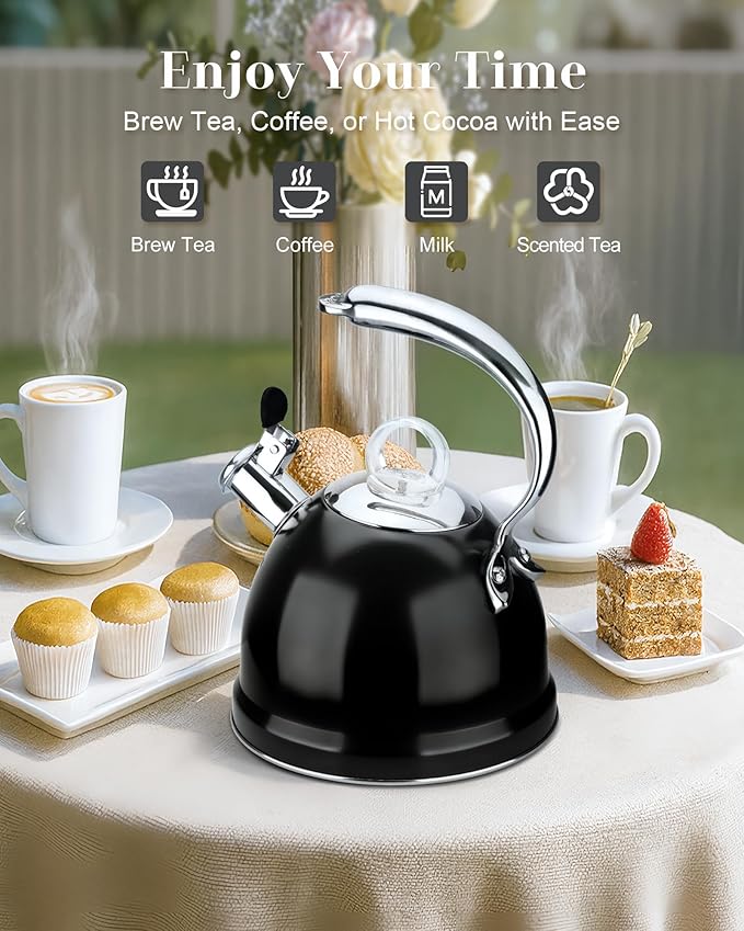 Harriet Tea Kettle Stovetop, 2.5 QT Whistling Stainless Steel Teapot, 3-Layer Base, Unique Ergonomic Handle, Includes Pot Holder & Mat, Electric/Induction/Gas Stovetops Applicable, Black - Bloomnest