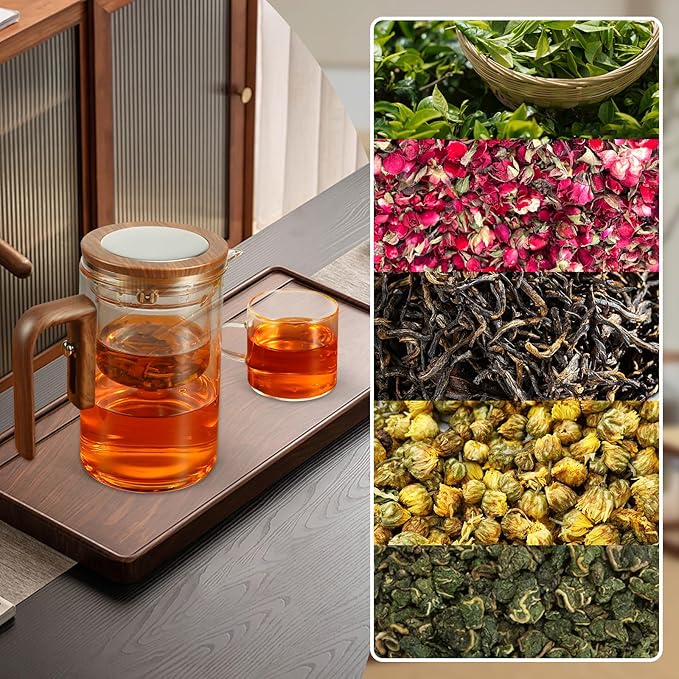 5Pcs Enchanti Tea Pot, Magic Witchcraft Enchanted Glass Teapot with Strainer -600ML,Divided Glass Teapot with Wooden Handle with 4 Wall Teacups,Push Control Magic Teapot (18FL-OZ)