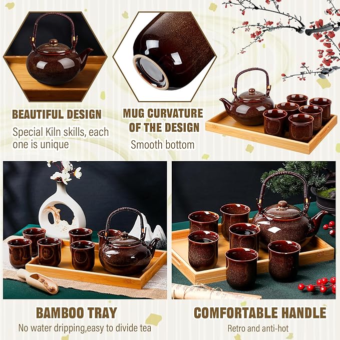 Layhit Japanese Asian Tea Set for Adults with 1 Teapot 6 Cups 1 Tray Traditional Portable Japanese Kiln Altered Glaze Porcelain Tea Set for Women Mother's Day Gifts(Brown) - Bloomnest