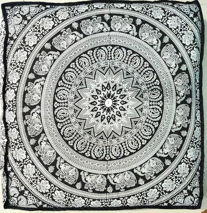Black White Elephant Flower Mandala Mandala Barmeri Large Floor Pillow Cover Cushion Meditation Seating Ottoman Throw Cover Hippie Decorative Zipped Bohemian Pouf Ottoman Cases 24 " square - Bloomnest