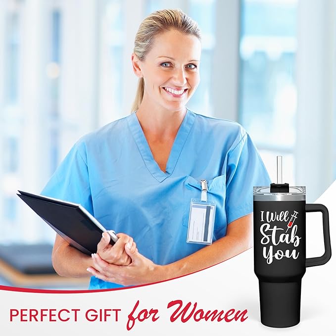 SANDJEST Nurse Gifts I Will Stab You Tumbler with Handle 40oz Stainless Steel Insulated Coffee Cup Funny Nurse Week Present, Nursing School Graduation, Appreciation Gifts for RN Nurses - Bloomnest