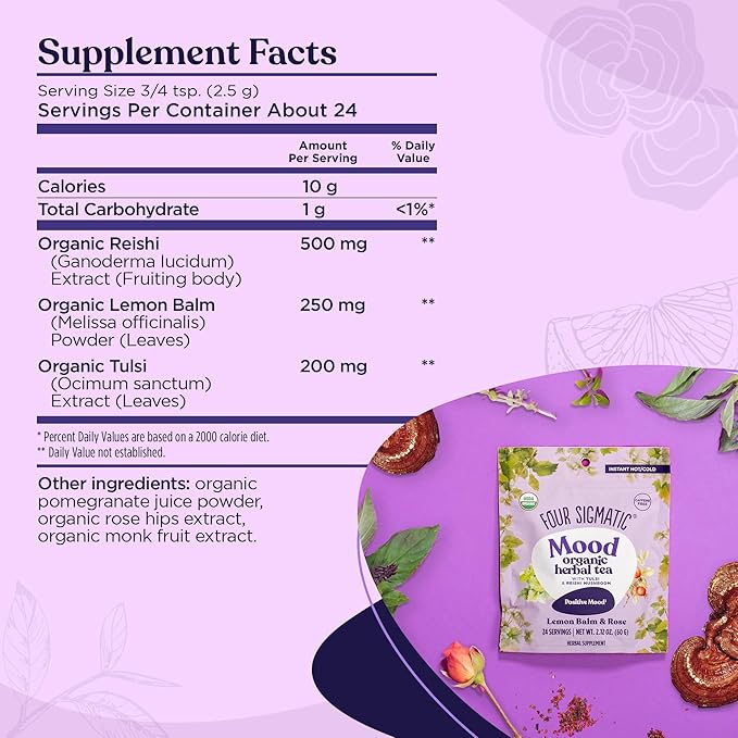 Four Sigmatic Mood Organic Herbal Tea | Enhance Emotional Well-Being with Tulsi & Reishi Tea | Calming Lemon Balm Tea w/Adaptogens | Vegan, Gluten-Free | Lemon Balm & Rose, 24 Servings - Bloomnest