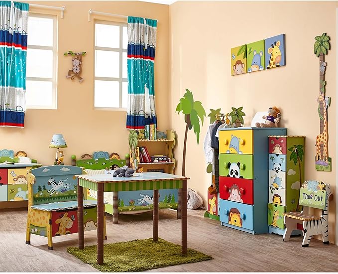 Fantasy Fields - Sunny Safari Animals Thematic Kids Table Lamp, for Girls & Boys Rooms with Printed Zebra Lampshade & Sculpted Monkey, Giraffe, & Tiger Base, Jungle Lamp for Nurseries & Baby Rooms - Bloomnest