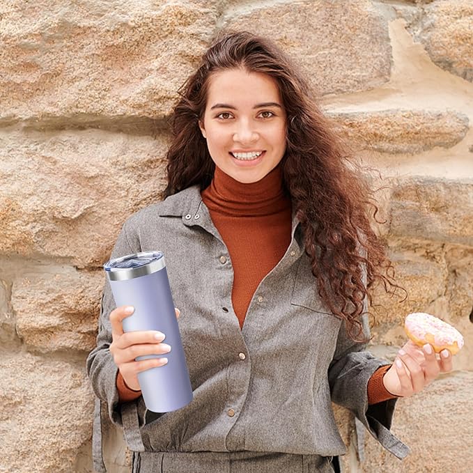 20 oz Skinny Tumbler with Lid and Straw,Stainless Steel Vacuum Insulated Tumbler Cup Double Wall Leak-proof Coffee Mug,Travel Thermal Water Tumbler for Office,Outdoor (Lavender/Cream/Pink/Baby blue) - Bloomnest