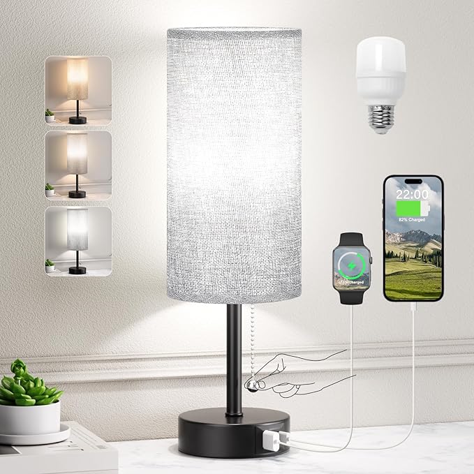 Grey Bedside Lamp for Bedroom Nightstand - Small Table Lamp with USB A + C Charging Port, 3 Color Temperatures Pull Chain Night Stand Light with Bulb, Side Table Desk Reading Lamp for Living Room/Dorm - Bloomnest