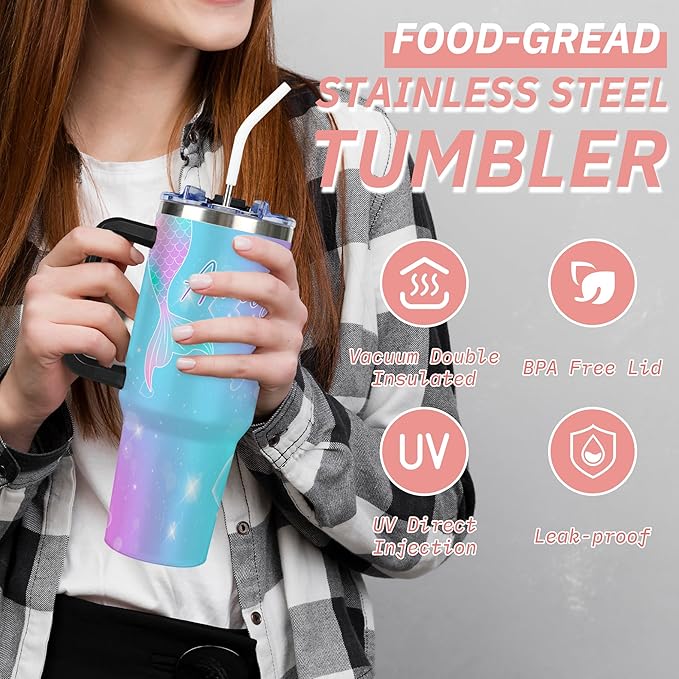 Personalized Mermaid Tail Tumbler with Names, Custom 40oz Tumblers with Handle and Straw Lid, Insulated Stainless Steel Cup, Gifts for Birthday Christmas Anniversary Women Her, Travel Coffee Mug - Bloomnest
