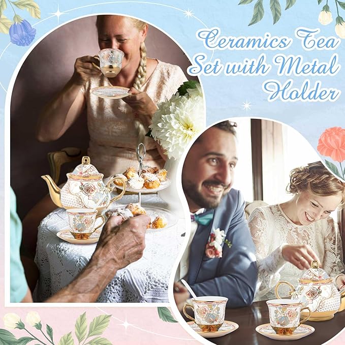 Zhehao 20 Pcs Porcelain Tea Set with Metal Holder and Spoon Adult Ceramic Tea Set European Flower Painting Teapot Cup Saucer Spoon for Women, Large Version(Minimalist Style) - Bloomnest