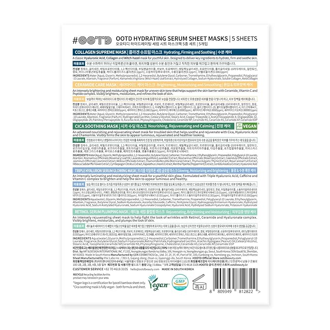 Hydrating Sheet Mask Starter Kit Variety Pack for Skin Care, Dry, Ance, Sensitive Skin, Korean Vegan Facial Sheet Mask for Men & Women, Collagen, Cica, Ceramide, Hyaluron, Retinol 5EA - Bloomnest