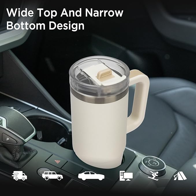 Tyeso 40 oz Tumbler with Handle, Straw and Lid - Leak Resistant Insulated Stainless Steel Water Bottle, Car Cup Holder Friendly Travel Coffee Mug White - Gifts for Men & Women - Bloomnest