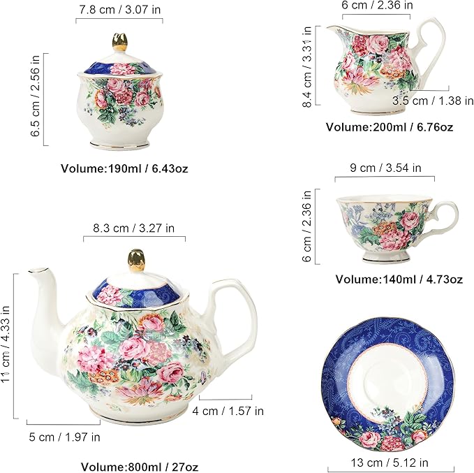 fanquare 21-Piece Blue Lace Porcelain Tea Set, China Coffee Cup and Saucer Set for 6, Pink Flower Tea Sets for Adults Women - Bloomnest