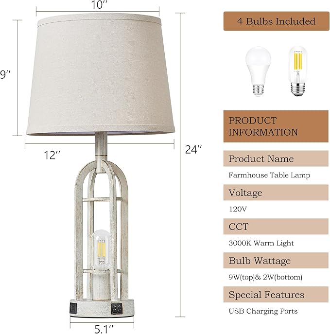 Farmhouse Table Lamps for Living Room Set of 2 - Rustic Industrial Bedside Lamps for Bedroom Nightstand with Nightlight and USB A+C, 4 Bulbs Included - Bloomnest