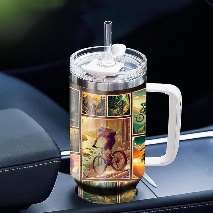 WAZONE Personalized Mountain Biking Tumbler 40oz with Handle and Straw Custom Name Insulated Travel Coffee Mug Stainless Steel Tumblers For Biker Bike Riding Lover Men Him Dad Papa On Birthday - Bloomnest
