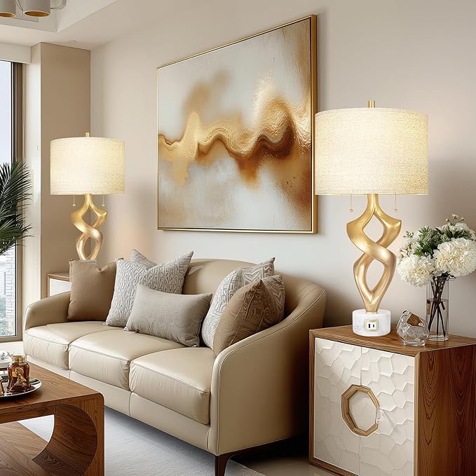 Scenekoy Sculptural Resin Table Lamp Set of 2 with USB Ports for Bedroom Living Room, 31” Big Gold Leaf Marble Base Bedside Lamps, Pull Chains Switch Modern Nightstand Lamp for Home Room Decor - Bloomnest
