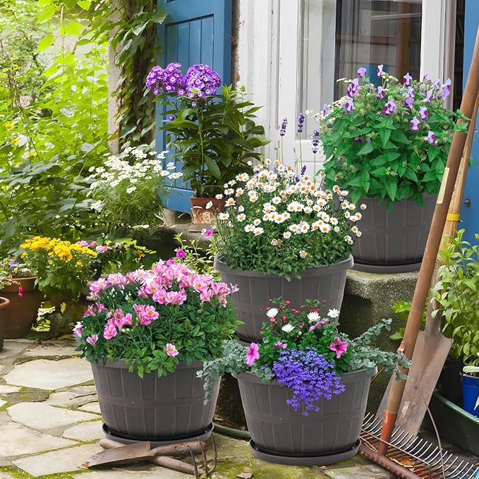 Quarut 14 Inch Plastic-Flower-Pot-for-Indoor-Plants, 4 Pack Large Outdoor Planter Pot with Drainage Holes & Saucers, Resin Decorative Garden Pots Planters(Brown) - Bloomnest