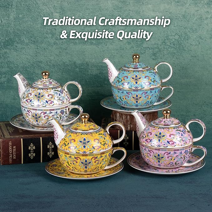 Tea for One, Porcelain Teapot and Cup Set, Vintage Tea Pot and Saucers Set, Ceramic Tea Set for Tea Party, Office and Home, Yellow Tea Cups and Saucer Set for Coffee, Cappuccino, Tea - Bloomnest