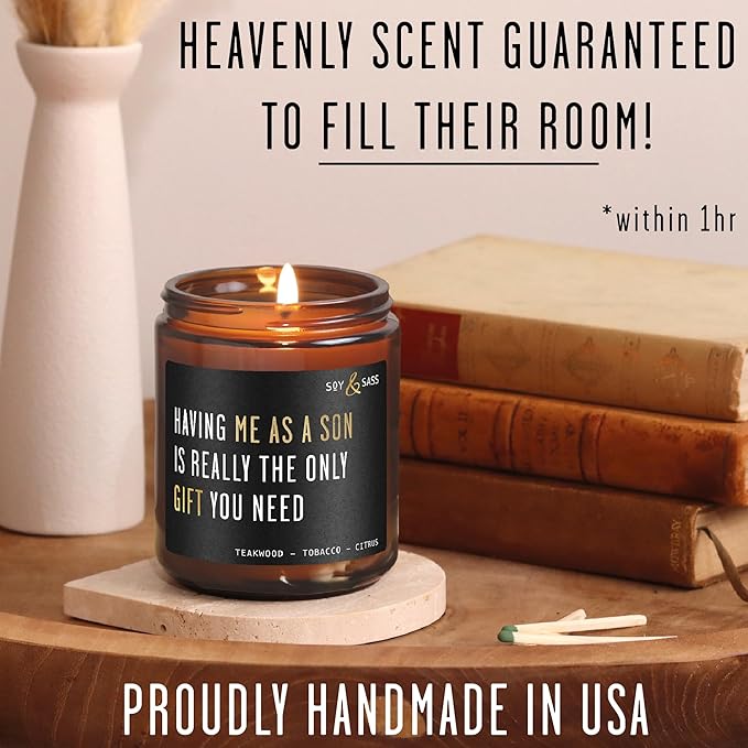 Mothers Day Gifts for Mom, Mom Gifts From Son - 'Having me as a Son' Soy Candle, w/Mahogany Teakwood I Mom Birthday Gifts from Son Ideas I 50Hr Burn, USA Made - Bloomnest
