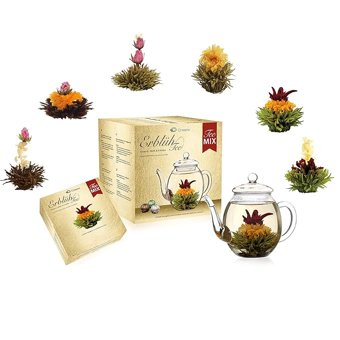 Creano Tea Flowers Mix Golden Gift Set Blooming Tea with Glass Teapot White, Green & Black Tea in 6 Varieties Tea Flower Blooming Tea Gift for Women - Bloomnest