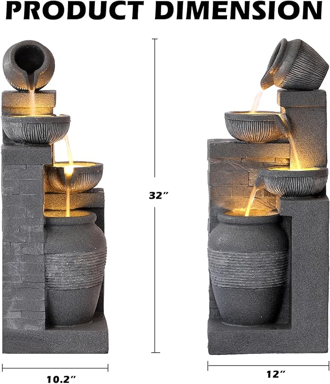 Grepatio Outdoor 4-Tiers Water Fountain, Garden Cascading Waterfalls Fountain with LED Lights, 32" H Modern Indoor/Outdoor Bowl Waterfall Feature Water Fountains for Garden, Patio, Yard Decor (Grey) - Bloomnest
