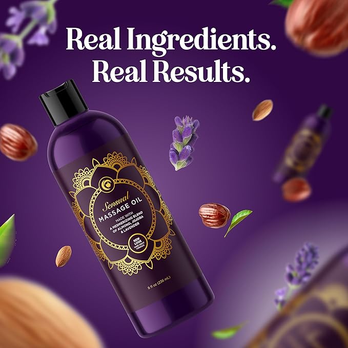 Aromatherapy Sensual Massage Oil for Couples - Relaxing Full Body Massage Oil for Date Night with Sweet Almond Oil - Vegan Lavender for Massage Therapy Smooth Gliding Formula 8 Fl Oz