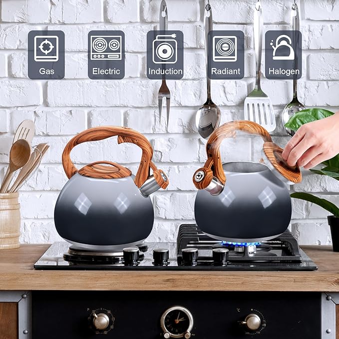 GGC Tea Kettle for Stove Top, 3.1QT/3L Whistling Tea Kettles for Boiling Water Coffee or Milk, Grey&Black Gradient kettle Pot with Wood Parttern Handle, Stainless Steel Pot for Home and Kitchen - Bloomnest