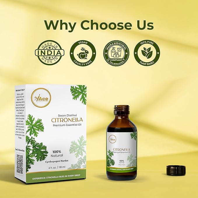 My Ace Citronella Essential Oil – 100% Pure & Natural Steam Distilled Oil – 4 fl oz Amber Glass Bottle with Dropper – Aromatherapy, Diffuser, Skin & Hair Care, Massage, Soap & Candle Making MyAce