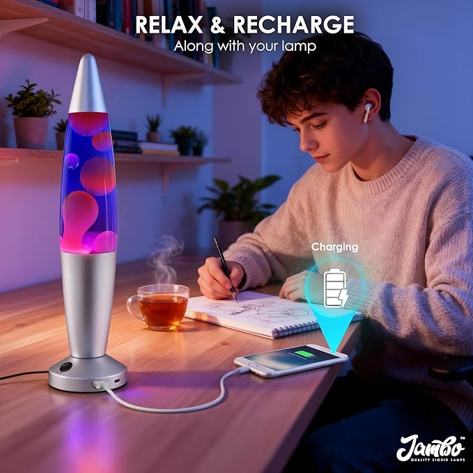 JAMBO Beautiful Liquid Lamp with USB Ports, 16" Motion Light with Blue Liquid Purple Wax, Relaxing Nightlight, Mood Light for Bedroom, Living Room, Office - Adults, Teens, Kids - Bloomnest