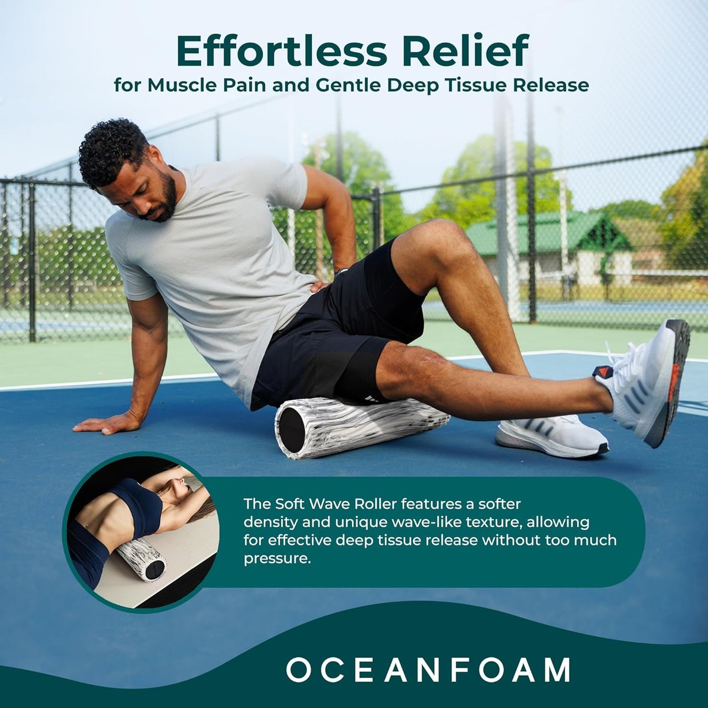 Oceanfoam Soft Tidal Roller (Black Marbled) - Low Density Foam Roller for Physical Therapy, Back Pain, Excercise & Stretching - Wave Textured - Yoga, Athletics, & Wellness - Full Size, 20" x 5"