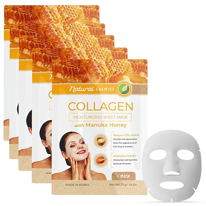 Collagen & Manuka Honey Sheet Face Mask - Anti-Aging, Hydrating, Skin Firming, Reduces Fine Lines, Dermatologist Tested, Cruelty Free Korean Skin Care For All Skin Types - 5 Masks - Bloomnest