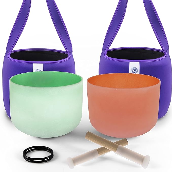 FMTY 10inch Crystal Singing Bowls set Orange(Sacral) + Green (Heart) with Soft Carrying Bag Sound Bowls Mindfulness, Meditation, Yoga, Spiritual and Body Healing and Energy Cleansing Chakra Bowl - Bloomnest